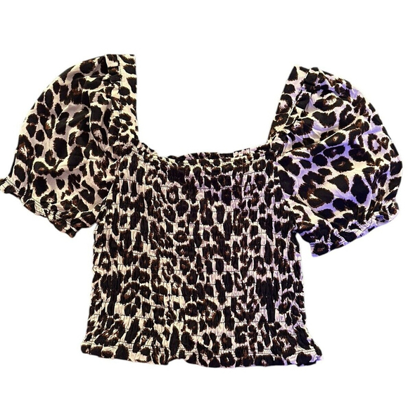 Monteau Puff Sleeve Crop Smocked Top Leopard Print Linen Blend XL Beachy Baddie - Picture 2 of 8